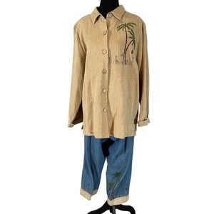 220 Hickory Womens Tan Linen Blend Embroidered Palm Tree Shirt and Pants Set Lg